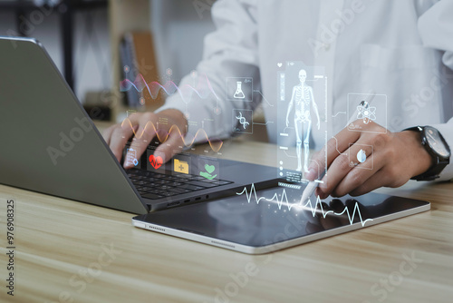 Doctor diagnosis and digital healthcare and network connection on medical technology holographic virtual reality interface.