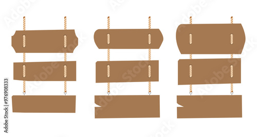 Wood signboard plank with ropes vintage element flat style, vector illustration.	
