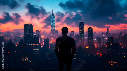 A businessman stands on a r...
