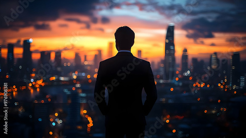 A businessman stands silhou...