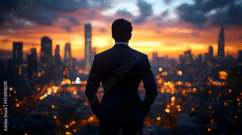 A businessman stands silhou...