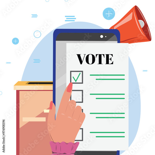 Hand using vote app on phone, vote box and megaphone visible in background.