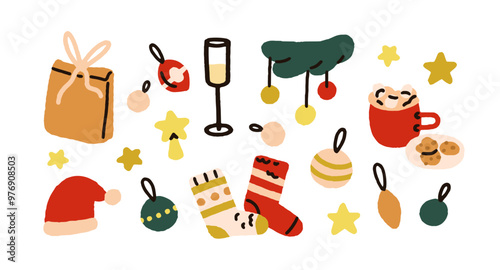 Christmas ornaments set. Xmas and New Year holiday decorations, baubles, Sant...
