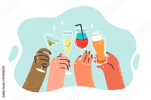 Cold alcoholic cocktails in hands of people drinking colorful drinks at party in beach bar