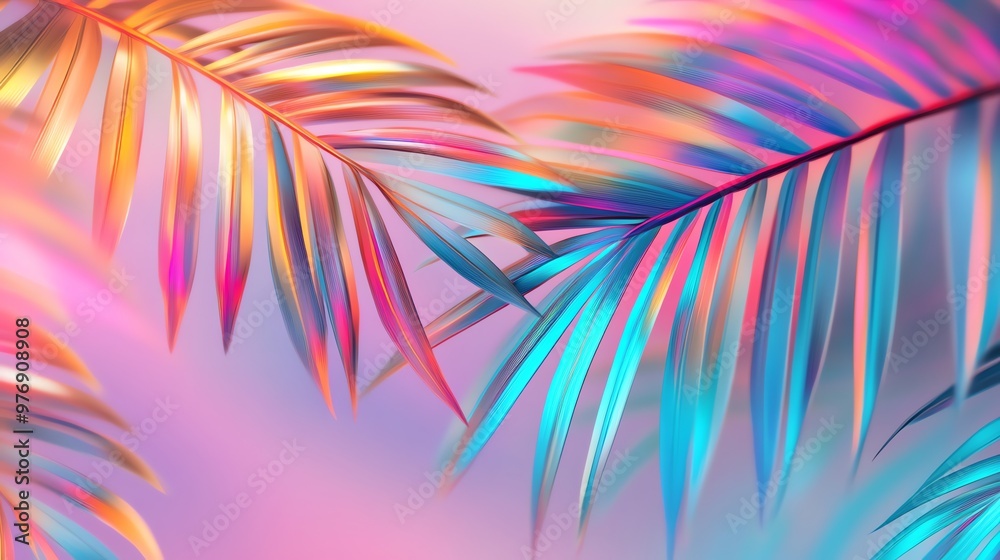 Vibrant, iridescent palm leaves with neon hues. Vibrant, iridescent palm leaves with neon hues.