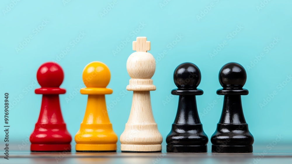 Colorful chess pieces lined up against a bright turquoise background, showcasing strategy and game play in a modern setting. Colorful chess pieces lined up against a bright turquoise background, showcasing strategy and game play in a modern setting.