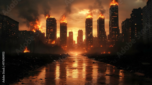 A city engulfed in flames, ...