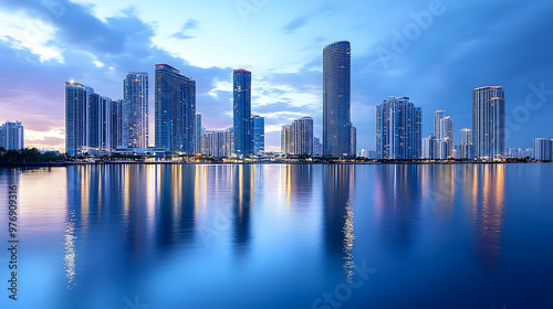 A city skyline at dusk with tall buildings reflected in the water.