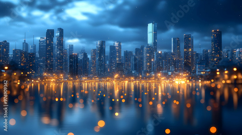 A city skyline at dusk with...