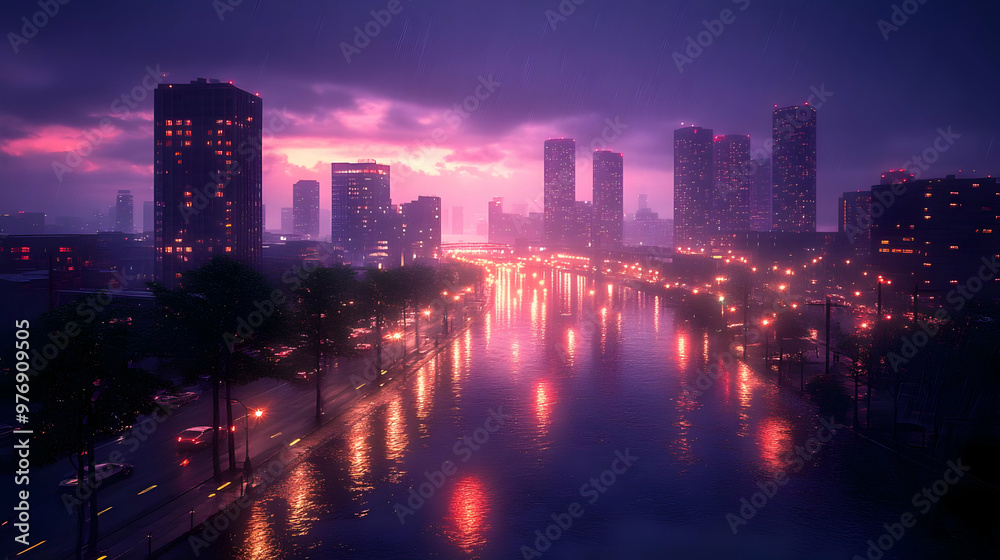 Fototapeta premium A city skyline at night with a river running through it. The sky is a vibrant purple with rain falling.