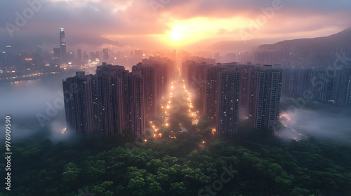 A city skyline at sunrise w...