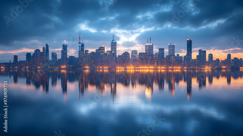 A city skyline at twilight ...