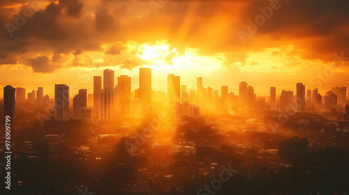 A city skyline bathed in the warm glow of a sunset, with sun rays bursting through the clouds.