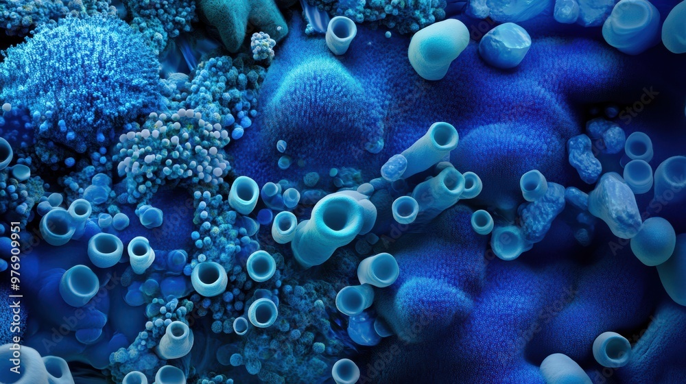 A close up of a blue and white coral reef with many small holes, AI A close up of a blue and white coral reef with many small holes, AI