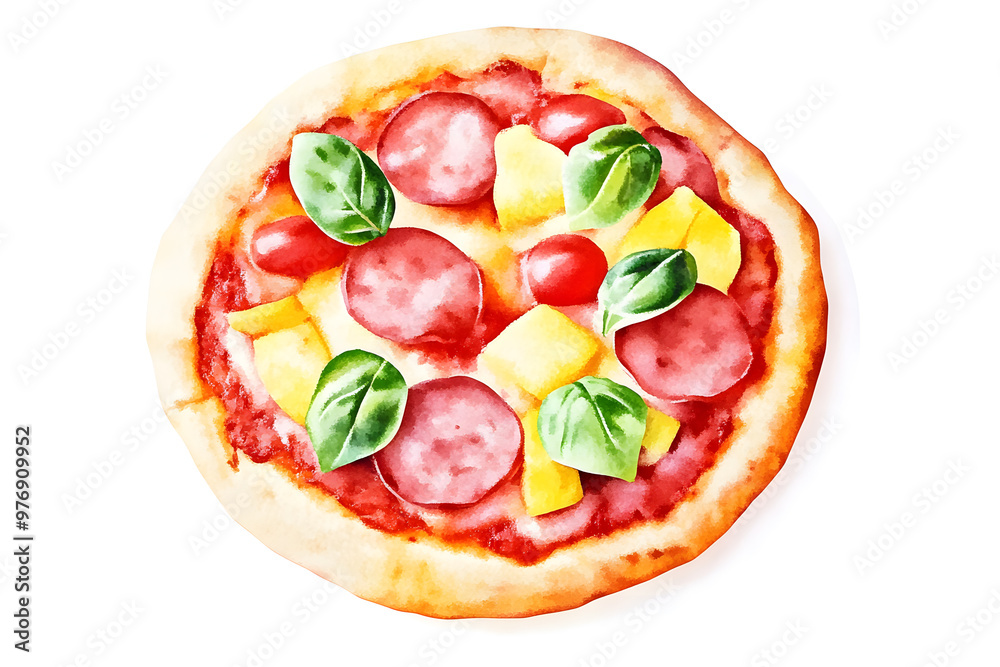 Pizza with juicy tomatoes and gooey cheese, depicted in watercolor, isolated on a plain white background Pizza with juicy tomatoes and gooey cheese, depicted in watercolor, isolated on a plain white background