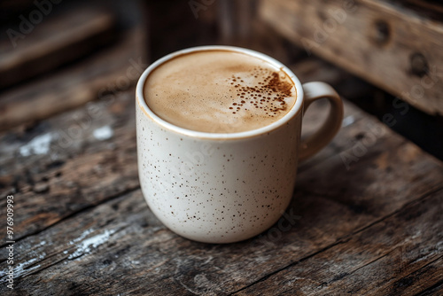 White cap of cappuccino with milk foam on wood table background.. Flat lay with black hot coffee mug. Coffee love minimal trendy concept. top view backdorp. Mocha Mousse color of year 2025 photo