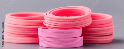 Colorful pink rubber bands stacked together, perfect for office supplies, crafting projects, or organizing items creatively