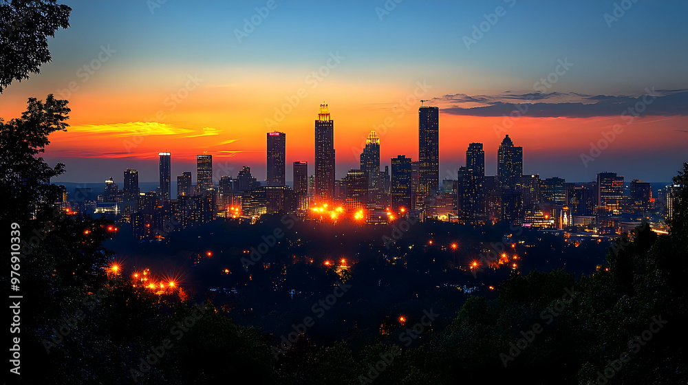 A city skyline illuminated at dusk, with a fiery orange sunset behind it and trees in the foreground. A city skyline illuminated at dusk, with a fiery orange sunset behind it and trees in the foreground.