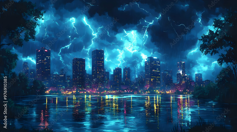 Obraz premium A city skyline illuminated by lightning strikes during a stormy night. The reflection of the city lights and lightning on the water creates a beautiful and dramatic scene.