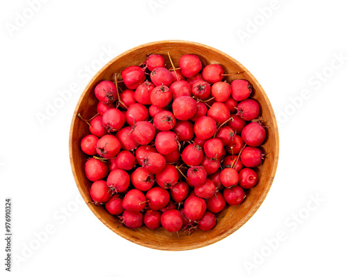 Flat lay view of fresh Crataegus curvisepala, Crataegus monogyna, Crataegus rhipidophylla known as common hawthorn or single-seeded hawthorn fresh berries in wood bowl isolated on white. photo