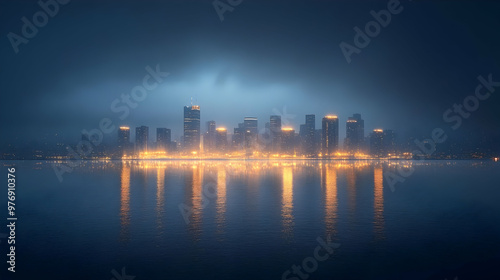 A city skyline illuminated by glowing lights, reflected in the water below. The city is shrouded in mist and fog.