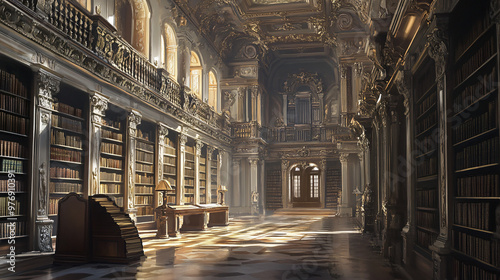 A historical library with grand reading halls and antique design.