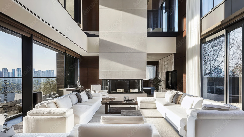 Modern high-rise living room with panoramic city views in a luxury apartment during daytime Modern high-rise living room with panoramic city views in a luxury apartment during daytime