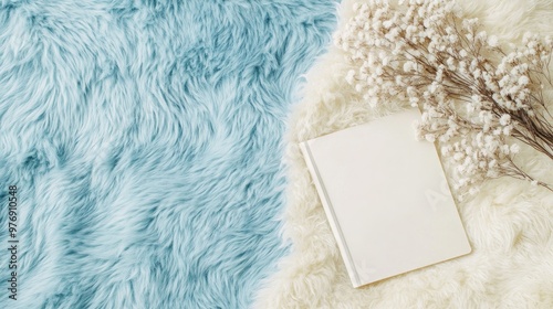 A blank hardcover journal rests on a soft fur blanket, surrounded by dried flowers, set against a serene light blue background, creating an inviting aesthetic atmosphere.