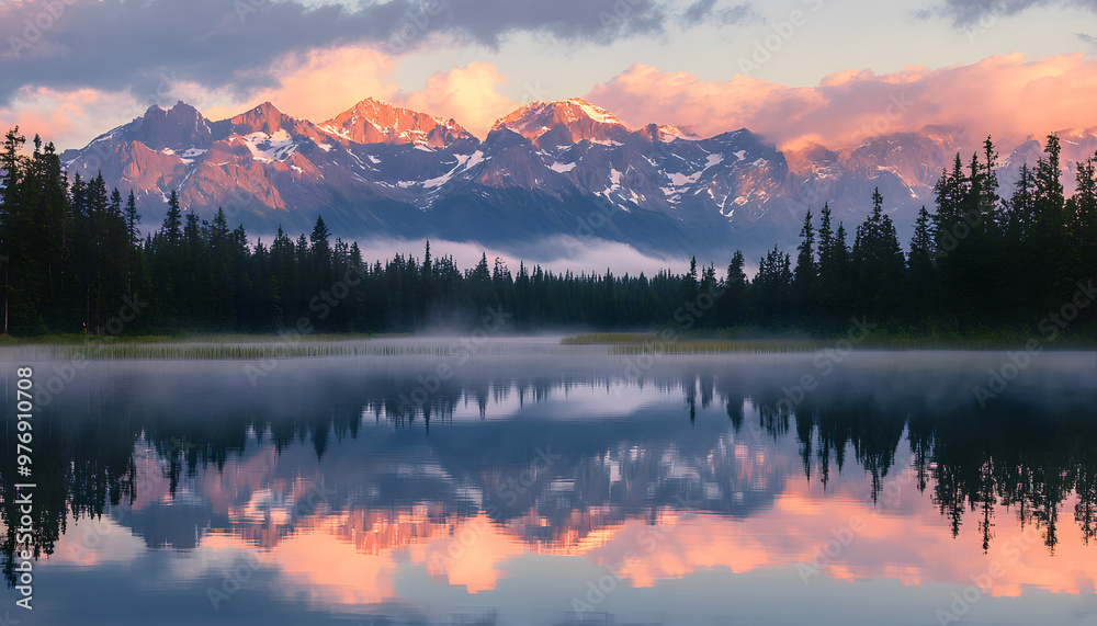 Nature Bliss: A serene mountain landscape with a lake reflecting the snowy peaks at sunrise Nature Bliss: A serene mountain landscape with a lake reflecting the snowy peaks at sunrise