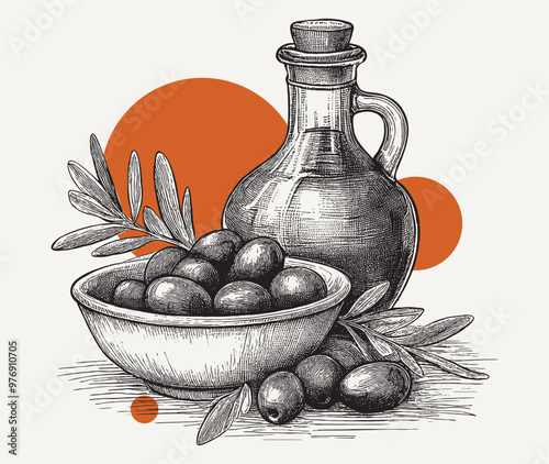 Vintage engraving of branch of olives in a bown and a bottle of olive oil
