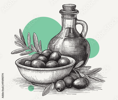 Obraz na płótnie Vintage engraving of branch of olives in a bown and a bottle of olive oil w salonie
