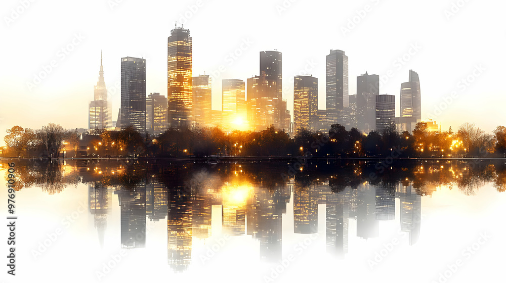 Fototapeta premium A city skyline reflected in a lake at sunset, creating a symmetrical and serene image.