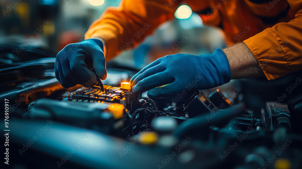 Auto Mechanic Technicians Hands Repair Electrical System of Car Battery in Maintenance Service Workshop, Evening Auto Repair Scene, Focus on Expertise and Precision Auto Mechanic Technicians Hands Repair Electrical System of Car Battery in Maintenance Service Workshop, Evening Auto Repair Scene, Focus on Expertise and Precision
