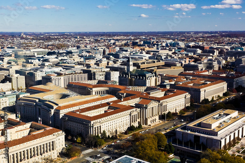 Aerial cityscape overlooking the Penn Quarter neighborhood of Washington DC