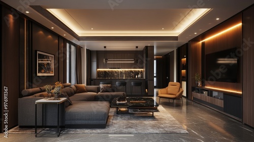 Modern living room interior design with dark brown tones, sleek furniture, and ambient lighting.