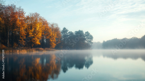 Wallpaper Mural Serene autumn morning mist over a calm lake surrounded by colorful foliage in the mountains Torontodigital.ca