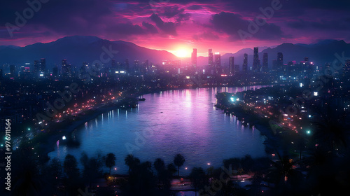 A city skyline with a lake and mountains in the background, illuminated by the glow of the setting sun.