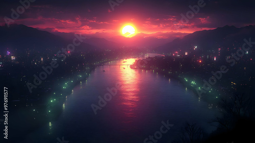 A city skyline with a river...