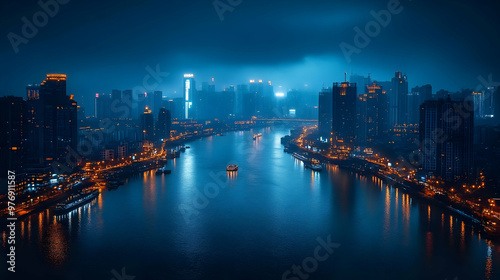 A city skyline with a river...