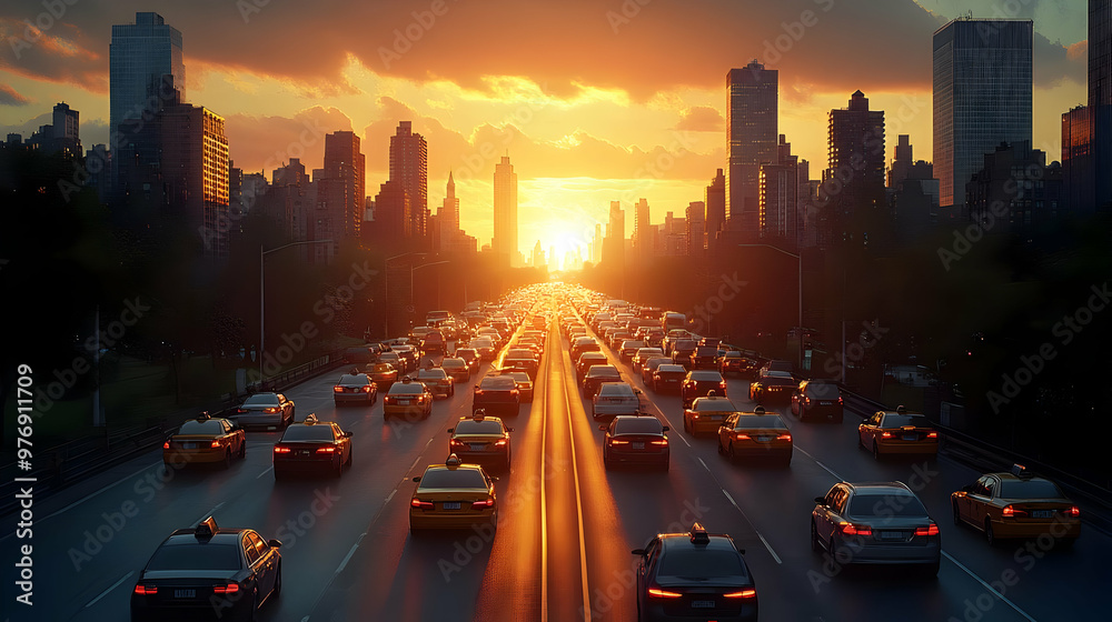 Obraz premium A city skyline with a sunset shining down on a highway full of traffic.