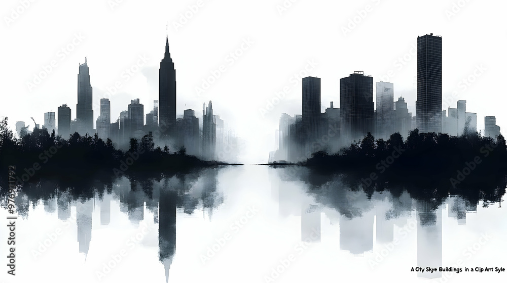 Naklejka premium A city skyline with fog in a high contrast style, reflected in water.