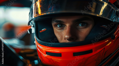 Focused Formula 1 Driver in Cockpit Wearing Red Helmet during Daytime Race Preparation, Close-Up Showing Determined Eyes