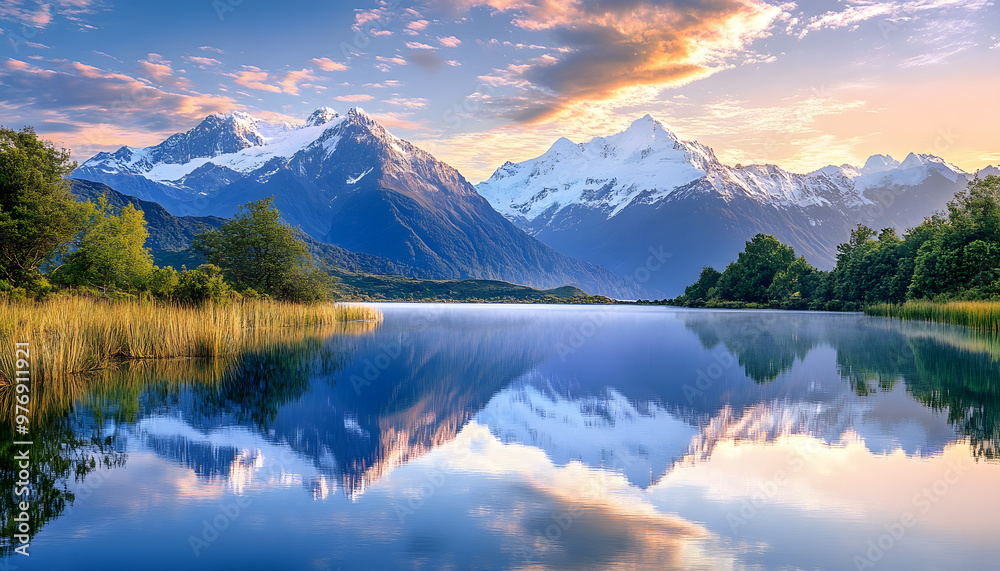 Fototapeta premium Nature Bliss: A serene mountain landscape with a lake reflecting the snowy peaks at sunrise