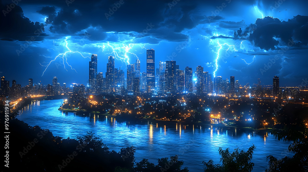 A city skyline with lightning strikes illuminating the dark stormy sky, as seen from a distance with a river in the foreground. A city skyline with lightning strikes illuminating the dark stormy sky, as seen from a distance with a river in the foreground.
