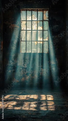 Prison floor with barred window, sunlight filtering through, grim and bleak atmosphere, trapped prisoner, feeling hopeless photo