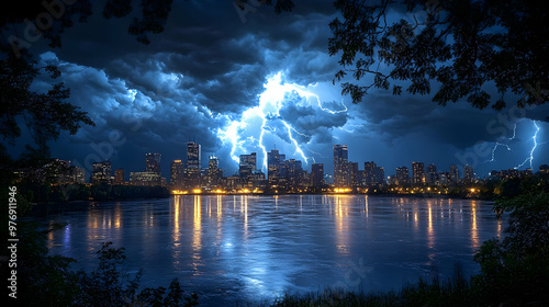 A city skyline with lightni...