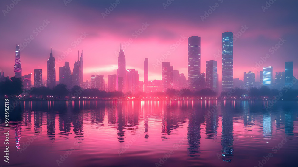 A city skyline with skyscrapers reflected in a calm lake at sunset. The sky is a vibrant pink and purple, casting a warm glow over the scene. A city skyline with skyscrapers reflected in a calm lake at sunset. The sky is a vibrant pink and purple, casting a warm glow over the scene.