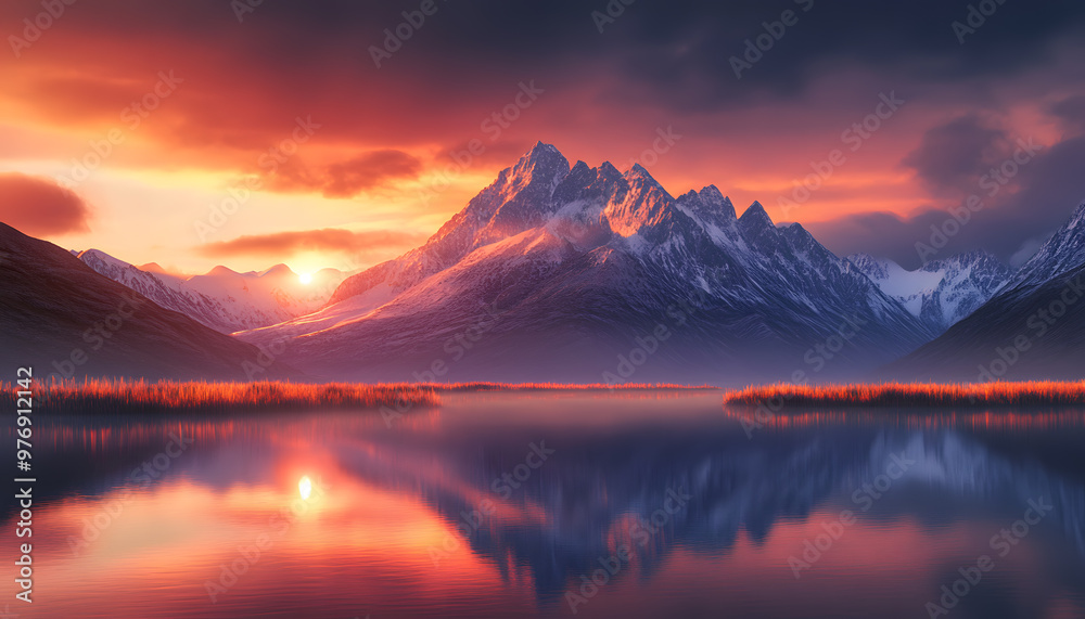 Nature Bliss: A serene mountain landscape with a lake reflecting the snowy peaks at sunrise Nature Bliss: A serene mountain landscape with a lake reflecting the snowy peaks at sunrise