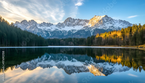 Nature Bliss: A serene mountain landscape with a lake reflecting the snowy peaks at sunrise