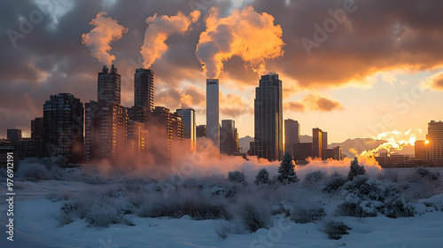 A city skyline with smoke b...